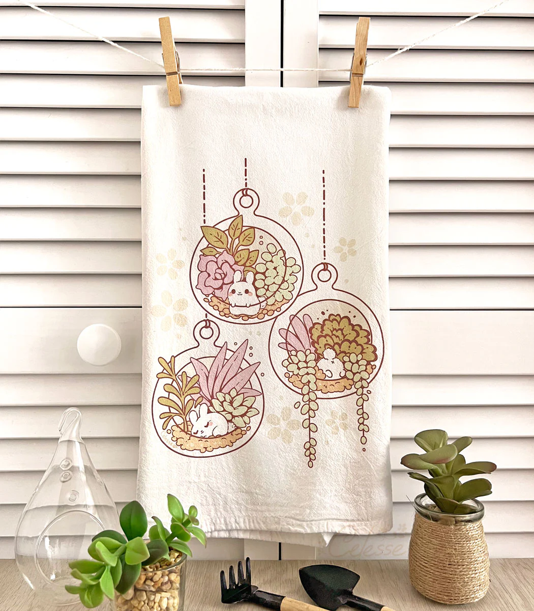 Terrarium Bunnies Flour Sack Tea Towel